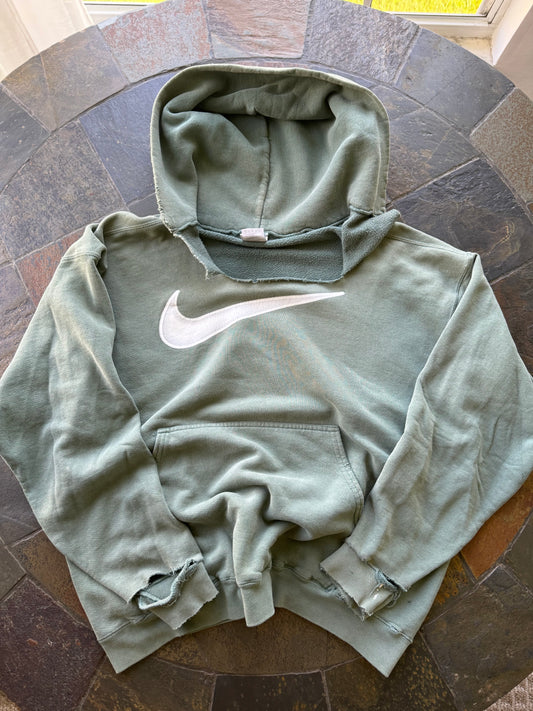 (L) Vintage Thrashed and Sun Faded Nike Olive Green Hoodie