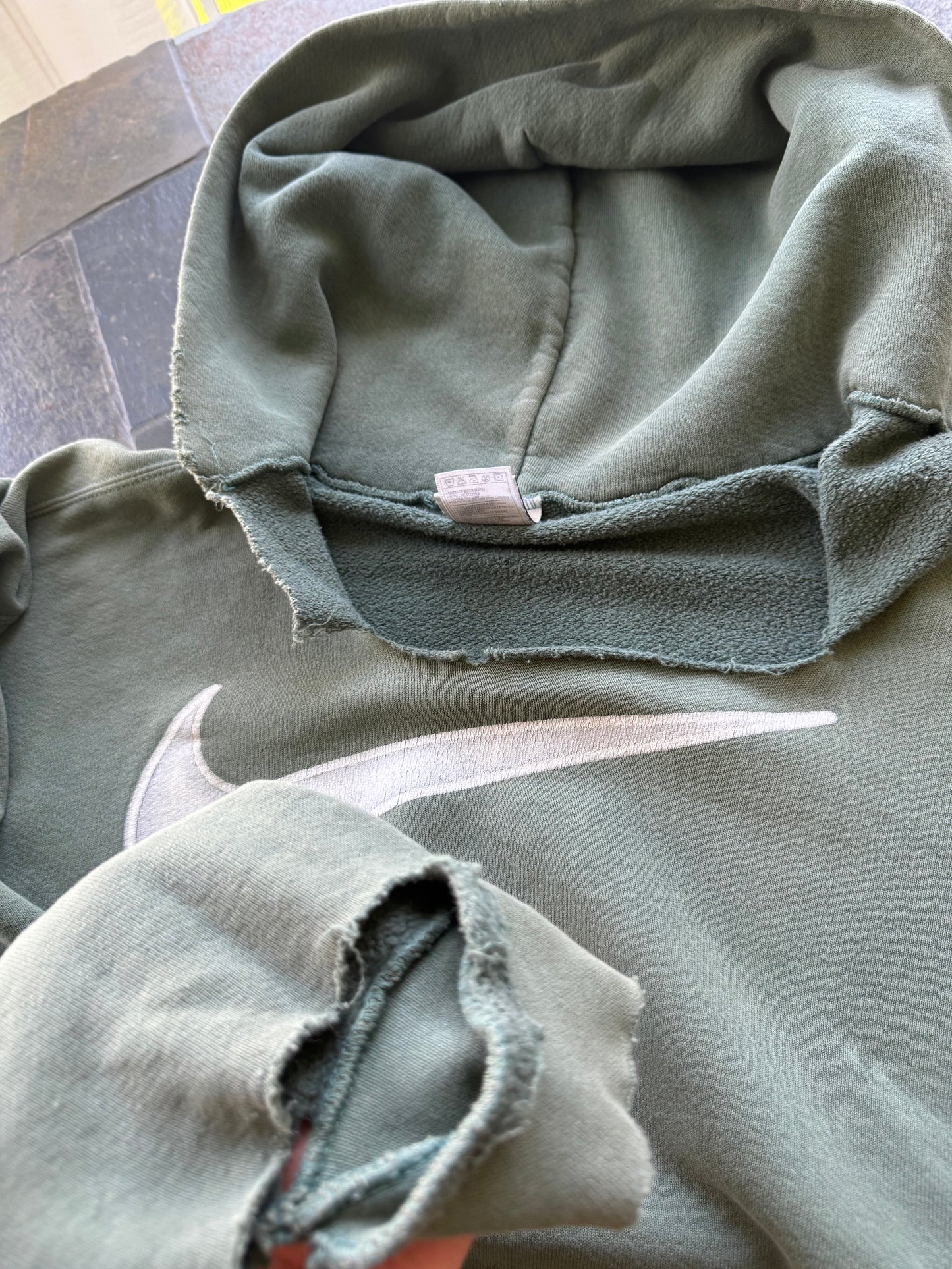 (L) Vintage Thrashed and Sun Faded Nike Olive Green Hoodie