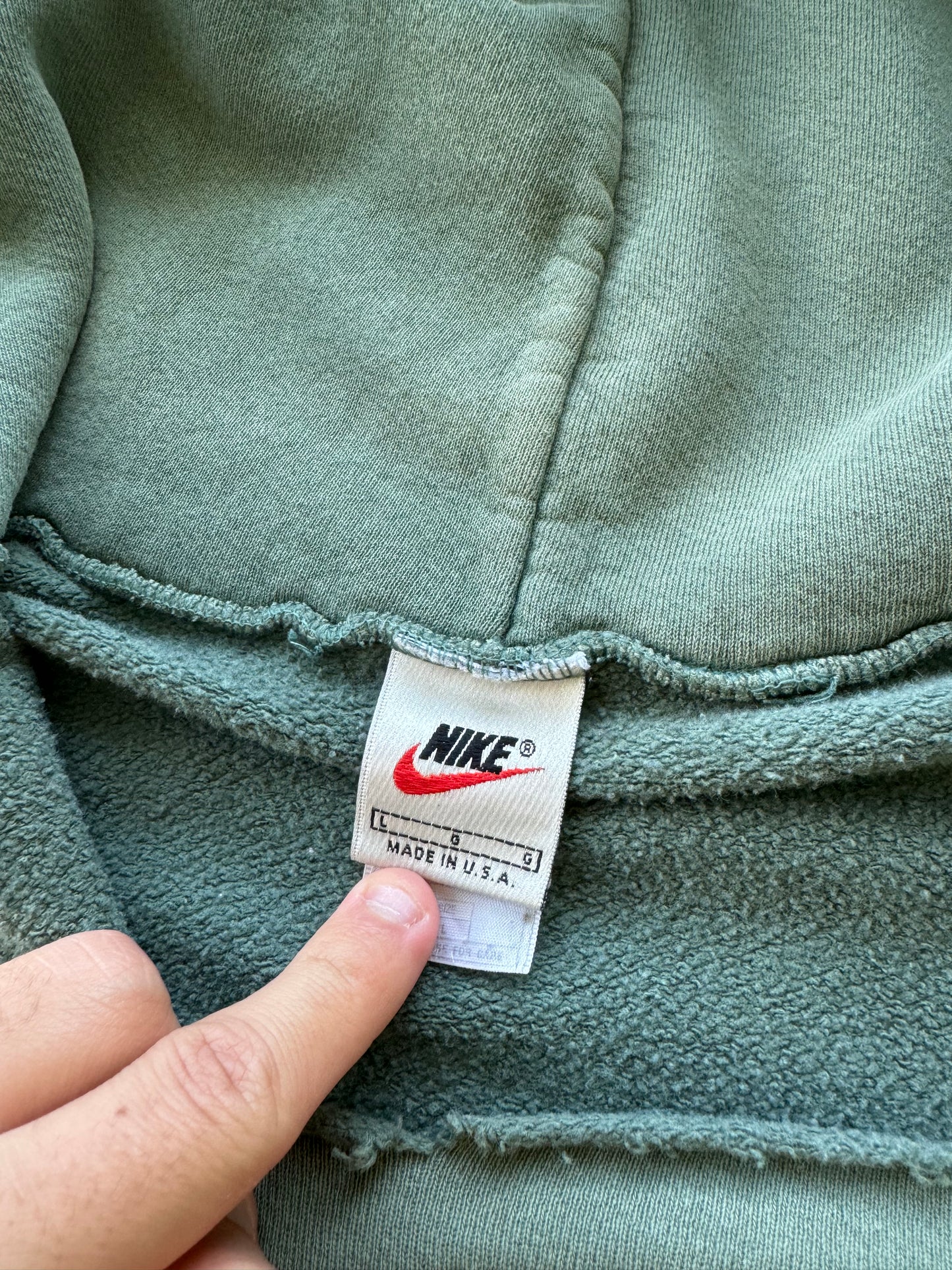 (L) Vintage Thrashed and Sun Faded Nike Olive Green Hoodie